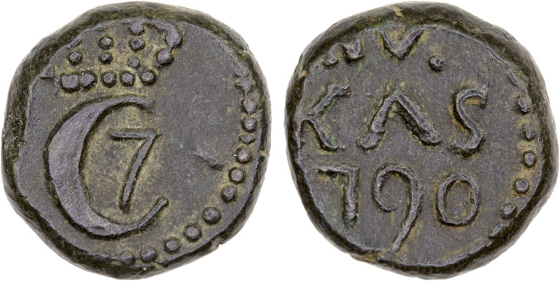 DANISH INDIA: TRANQUEBAR: Christian VII, 1766-1808, AE 4 kas (2.50g), 1790, KM-1...