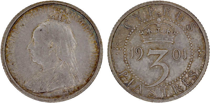 CYPRUS: Victoria, 1837-1901, AR 3 piastres, 1901, KM-4, lightly toned, one-year ...