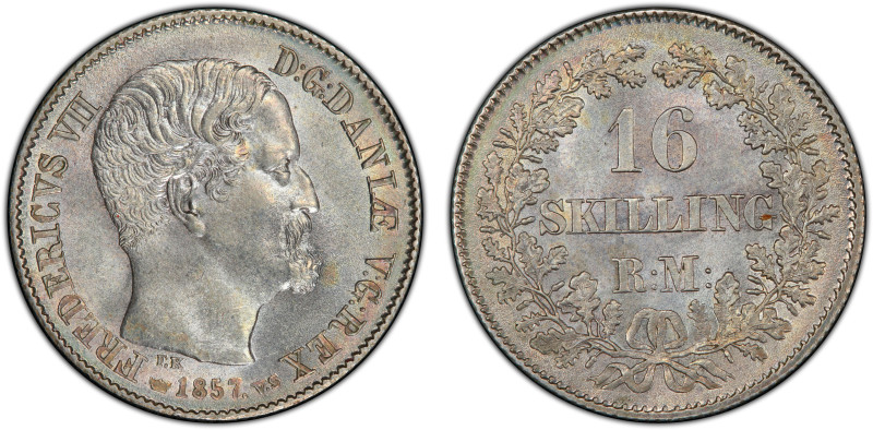 DENMARK: Frederik VII, 1848-1863, AR 16 skilling rigsmont, 1857, KM-765, initial...