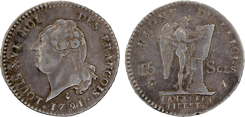 FRANCE: Louis XVI, 1774–1790, AR 15 sols, 1791-A, KM-604.1, Duplessy-1721; Ciani...