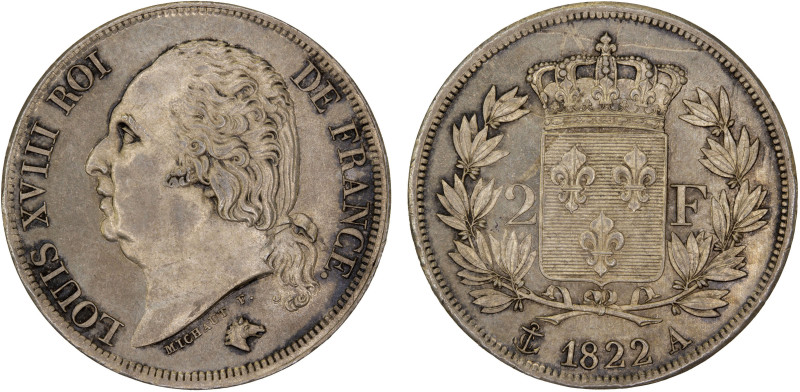 FRANCE: Louis XVIII, 1814-1824, AR 2 francs, 1822-A, KM-710.1, light reverse scr...