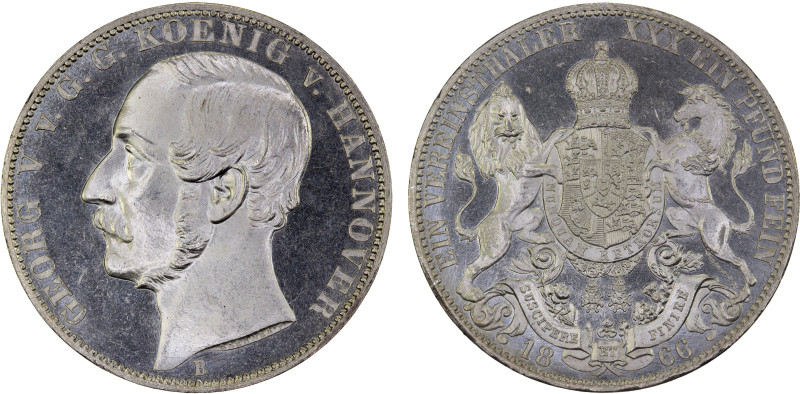 HANOVER: George V, 1851-1866, AR thaler, 1866-B, KM-230, a lovely prooflike exam...