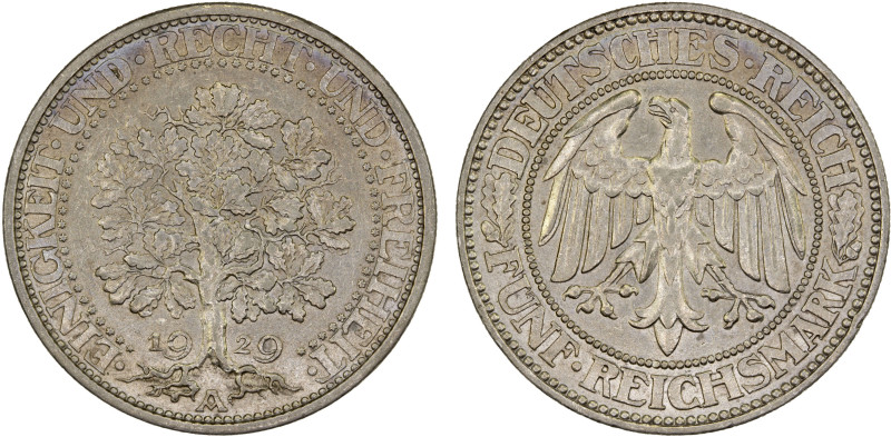 GERMANY: Weimar Republic, AR 5 mark, 1929-A, KM-56, Oak tree type, some luster, ...