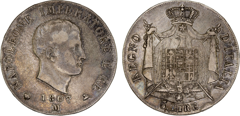 KINGDOM OF ITALY: Napoleon I, 1804-1814, AR 5 lire, 1807-M, KM-10.1, a couple sm...