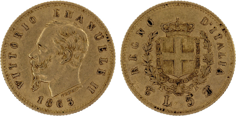 ITALY: Vittorio Emanuele II, 1861-1878, AV 5 lire, 1863-T, KM-17, Fr-16, initial...