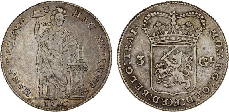 UTRECHT: United Netherlands, AR 3 gulden, 1786, KM-117, nicely toned, Choice VF....