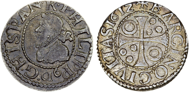 SPAIN: BARCELONA: Felipe III, 1598-1621, AR 1/2 croat (1.47g), 1612, Cal-375, ex...