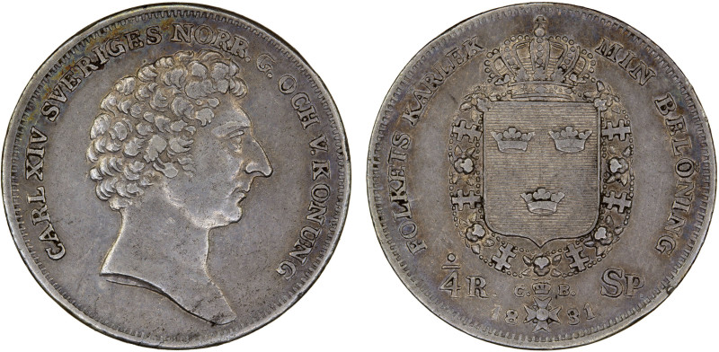 SWEDEN: Carl XIV Johan, 1818-1844, AR 1/4 riksdaler, 1831, KM-627, initials CB, ...