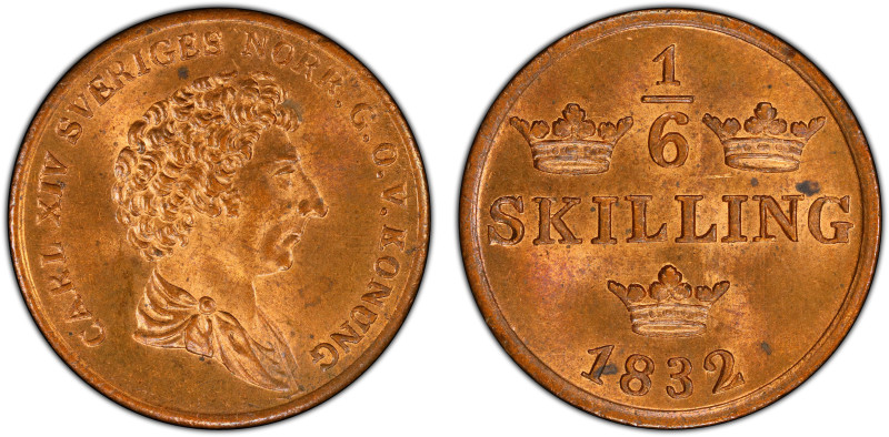 SWEDEN: Carl XIV Johan, 1818-1844, AE 1/6 skilling, 1832, KM-634, a wonderful lu...