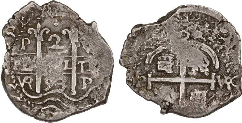 BOLIVIA: Carlos II, 1665-1700, AR 2 reales cob (3.97g), 1693-P, KM-24, assayer R...