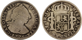 BOLIVIA: Carlos III, 1759-1788, 4 reales imitation (12.94g), 1775-PTS, as KM-54, assayer JR, contemporary imitation, light obverse tooling, VG.

Est...