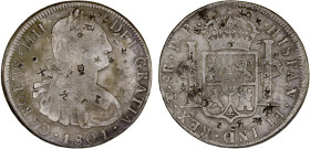 BOLIVIA: Carlos IV, 1788-1808, AR 8 reales, 1801, KM-73, Potosi mint, assayer PP, multiple chop marks, F-VF, ex Almer H. Orr III Collection.

Estima...