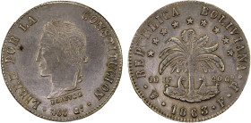 BOLIVIA: Republic, AR 8 soles, 1863, KM-138.6, assayer FP, Potosi Mint, once lightly cleaned, better strike than usual, XF, ex Almer H. Orr III Collec...