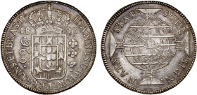 BRAZIL: João, regent, 1799-1816, AR 960 reis, 1813-B, KM-307.1, Bahia Mint, overstruck on Spanish colonial 8 reales; some of the undertype is visible,...