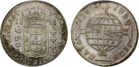 BRAZIL: João, regent, 1799-1816, AR 960 reis, 1815-R, KM-307.3, Rio de Janeiro Mint, overstruck on Spanish colonial 8 reales; some of the undertype is...