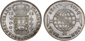 BRAZIL: João, regent, 1799-1816, AR 960 reis, 1816-B, KM-307.1, Bahia Mint, overstruck on Spanish colonial 8 reales; some of the undertype is visible,...