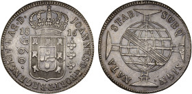 BRAZIL: João, regent, 1799-1816, AR 960 reis, 1816-B, KM-307.1, Bahia Mint, overstruck on an 1805 Spanish colonial 8 reales, once lightly cleaned, XF,...