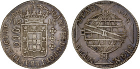 BRAZIL: João, regent, 1799-1816, AR 960 reis, 1816-R, KM-307.3, Rio de Janeiro Mint, overstruck on Spanish colonial 8 reales; some of the undertype is...