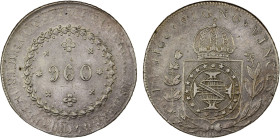 BRAZIL: Pedro I, 1822-1831, AR 960 reis, KM-368, date not struck up, overstruck on Spanish colonial 8 reales; some of the undertype is visible, XF, ex...