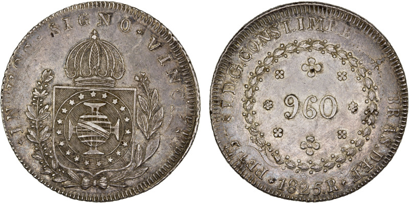 BRAZIL: Pedro I, 1822-1831, AR 960 reis, 1825-R, KM-368.1, small 960, overstruck...