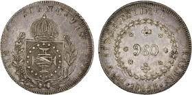 BRAZIL: Pedro I, 1822-1831, AR 960 reis, 1825-R, KM-368.1, small 960, overstruck on Spanish Colonial 8 reales, VF-XF.

Estimate: USD 100 - 150