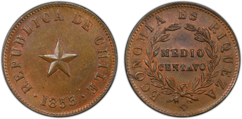 CHILE: Republic, AE 1/2 centavo, 1853, KM-126, a wonderful example, PCGS graded ...