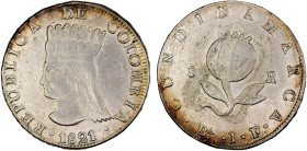 COLOMBIA: Cundinamarca, AR 8 reales, 1821-Ba, KM-C6, assayer JF, lightly cleaned with some peripheral toning, wonderful hair detail, light etching aro...