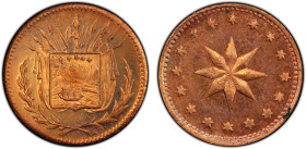 COSTA RICA: AE 1 centavo token, ND, Rulau-CR 63var, variety in bronze with a star, PCGS graded MS65 RD.

Estimate: USD 150 - 200