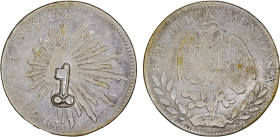 CUBA: AR 2 reales, ND (1872-77), KM-R1, long thin key countermark on Mexico 2 reales 1856-GoPF, Fine. During Cuba's first War for Independence, also k...