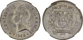 DOMINICAN REPUBLIC: Republic, AR 5 centavos, Philadelphia, 1944, KM-18a, NGC graded MS64.

Estimate: USD 120 - 160