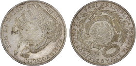 GUATEMALA: Republic, AR peso, 1894, KM-224, counterstamped on Peru 1894 TF sol, edge bump, UNC By 1894, foreign coins had become so prevalent in circu...