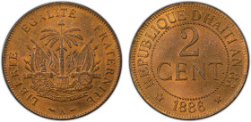 HAITI: Republic, AE 2 centimes, 1886-A, KM-49, struck at the Paris Mint, a superb example, PCGS graded MS65 RB.

Estimate: USD 150 - 200