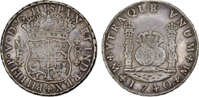 MEXICO: Felipe V, 1700-1746, AR 8 reales, 1740-Mo, KM-103, assayer MF, graffiti on the obverse but still an attractive example, About XF, ex Dr. Rober...