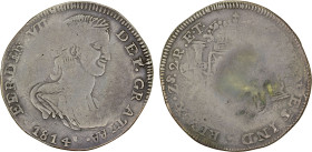 MEXICO: "Fernando VII", 1808-1821, AR 2 reales imitation (5.37g), 1814-Zs, as KM-92.1, contemporary imitation, caricature portrait of Fernando VII, li...