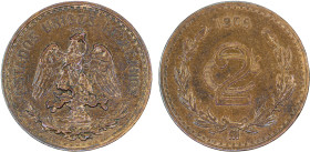 MEXICO: Estados Unidos, AE 2 centavos, 1905, KM-419, lightly cleaned, has mostly retoned, key date, XF.

Estimate: USD 100 - 150