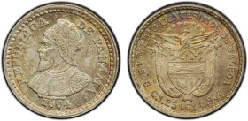 PANAMA: Republic, AR 2 1/2 centesimos, 1904, KM-1, one-year type struck at the Philadelphia Mint, brilliant luster with light rainbow toning, an examp...