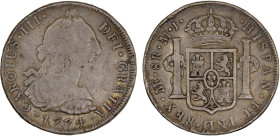 PERU: Carlos III, 1759-1788, AR 8 reales, 1774, KM-78, Lima Mint, assayer MJ, Fine, ex Almer H. Orr III Collection.

Estimate: USD 60 - 100