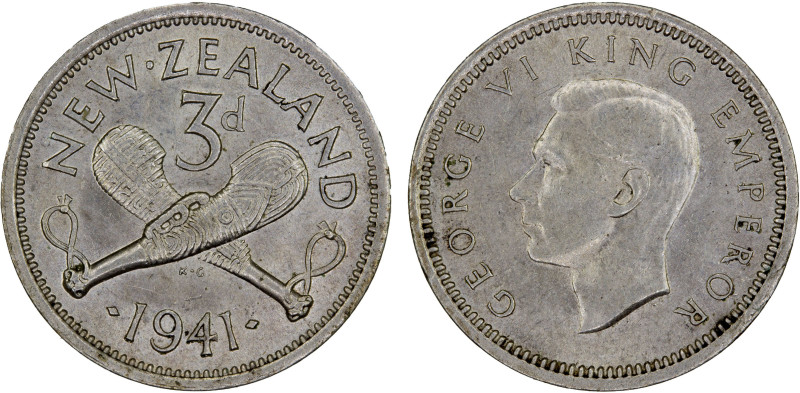 NEW ZEALAND: George VI, 1936-1952, AR threepence, 1941, KM-7, lustrous, better d...