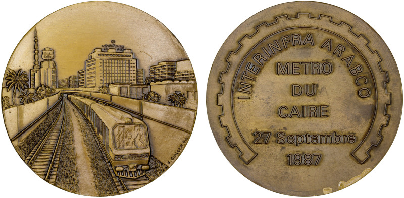 EGYPT: oxidized AE medal (105g), 1987, 59mm; Opening of the first Metro line in ...