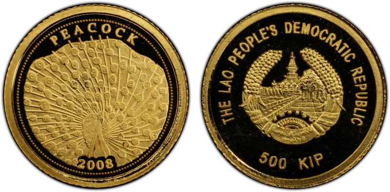 LAOS: People's Democratic Republic, AV 500 kip, 2008, KM-159, peacock, PCGS grad...