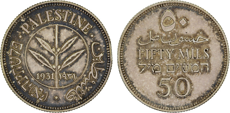 PALESTINE: British Mandate, AR 50 mils, 1931, KM-6, toned, key date, XF, S.

E...