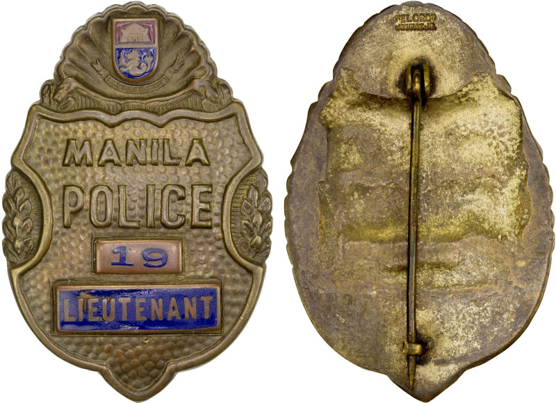 PHILIPPINES: police badge (27.54g), ND (ca. 1930?), 53x36mm oval gilt brass obso...