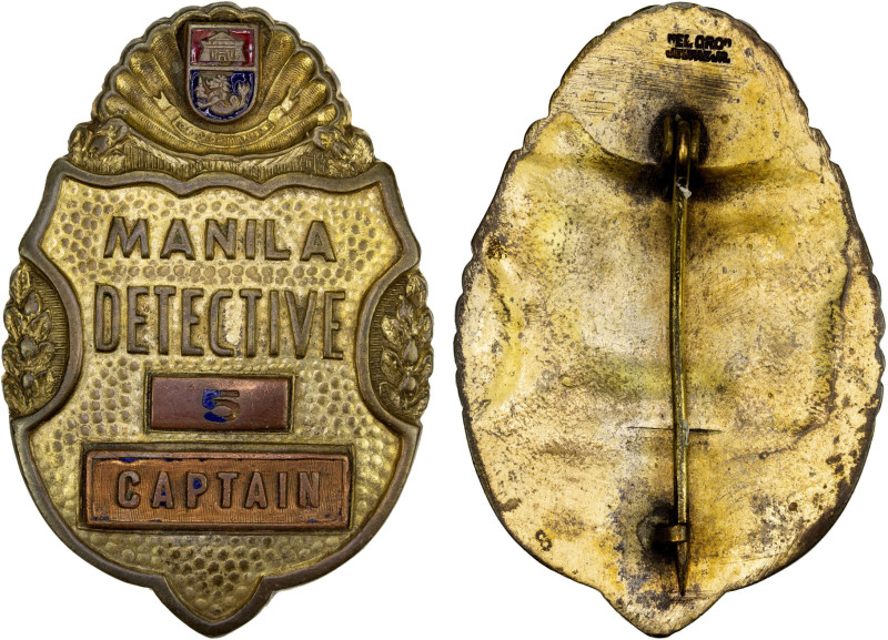 PHILIPPINES: police detective badge (27.55g), ND (ca. 1930?), 53x36mm oval gilt ...