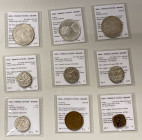 BIKANIR: LOT of 7 silver and 2 copper coins, Copper: KM-41 (date off flan, VF), and KM-71 (1895, Fine); and Silver: KM-10 (year 9, EF), KM-17 (AH1205 ...