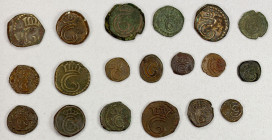 DANISH INDIA: TRANQUEBAR: Christian VI, 1730-1746, LOT of 19 copper coins, including 1 kas: KM-130, crowned Norge lion on curved battle-axe, date inco...