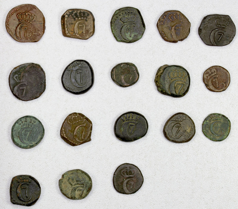 DANISH INDIA: TRANQUEBAR: Christian VII, 1766-1808, LOT of 16 copper coins, incl...