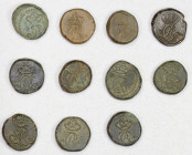 DANISH INDIA: TRANQUEBAR: Christian VIII, 1839-1848, LOT of 11 AE 4 kas, including dated 1840 (2 pcs), 1841 (2), 1842 (1), 1843 (1), 1844 (4), and 245...