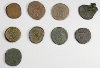 DANISH INDIA: TRANQUEBAR: LOT of 9 copper 10 kas coins, including Christian VII: KM-164 dated 1768 and 1770 (2 pcs); and KM-165 dated 1782 (2) and 179...