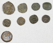 DANISH INDIA: TRANQUEBAR: LOT of 9 copper coins, including Christian V, 1670-1699: AE kas, KM-120 (partial dates, 2 pcs, and undated, 1 pc); Frederik ...