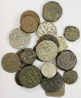 INDIA, etc.: LOT of 5 silver and 15 copper coins, Silver: Mughal (2 pcs, Akbar & Aurangzeb, both Akbarnagar mint), Delhi sultanate (Mubarakshah I), an...